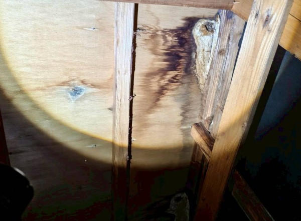 屋根下地の水漏れ跡　黒く変色